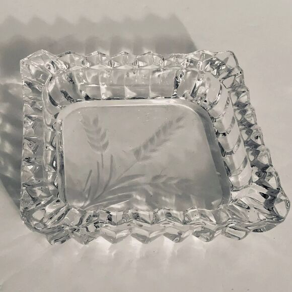VTG HEISEY CRYSTAL SQUARE ASHTRAY RIDGELEIGH ETCHED WHEAT GLASS 1935-44 BRIDGE - Picture 6 of 8